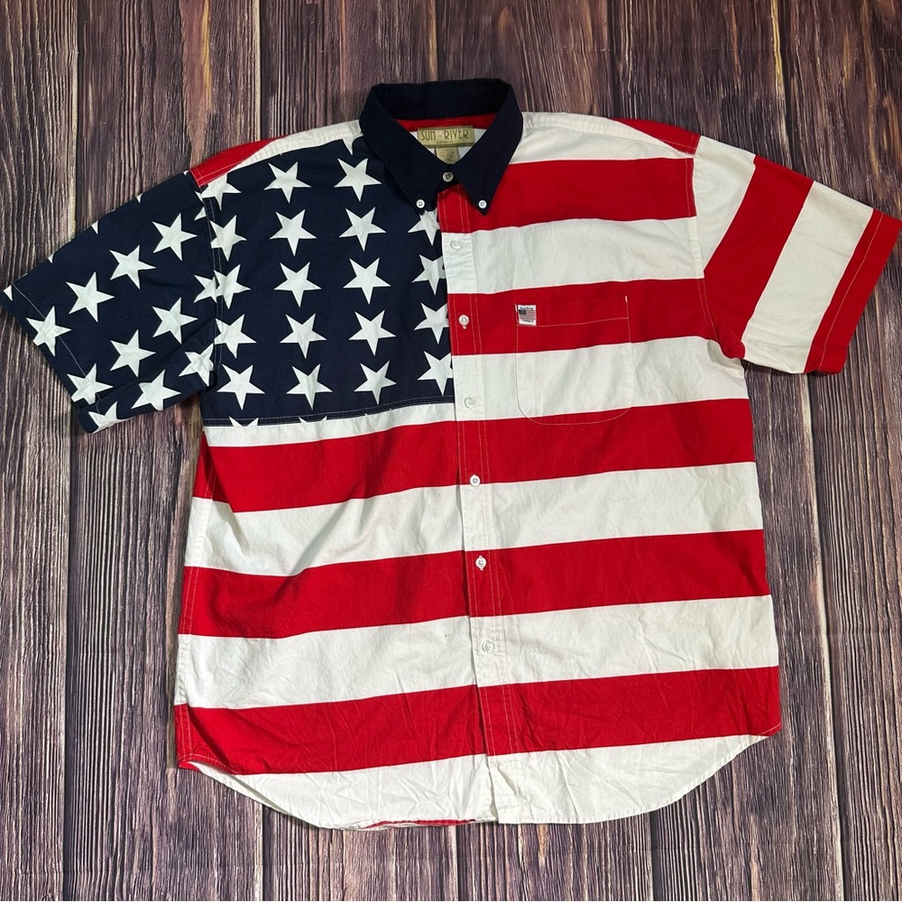 Sun River Men Collar Shirt‎ American Flag Patriotic Button Down Short Sleeve L
